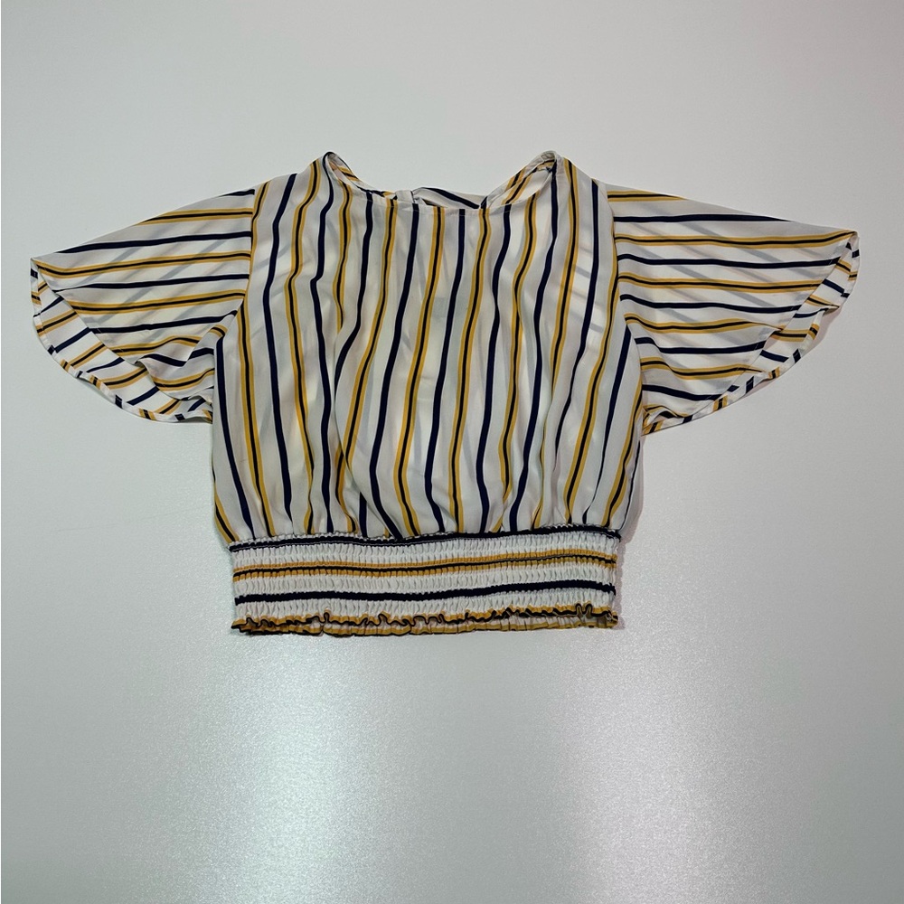 Forever 21 Blue Yellow  Striped Crop Top Butterfly Sleeves Sz M Smocked Women